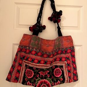 Boho Thai vintage fabric handmade embroidered Pom Pom tote Bag